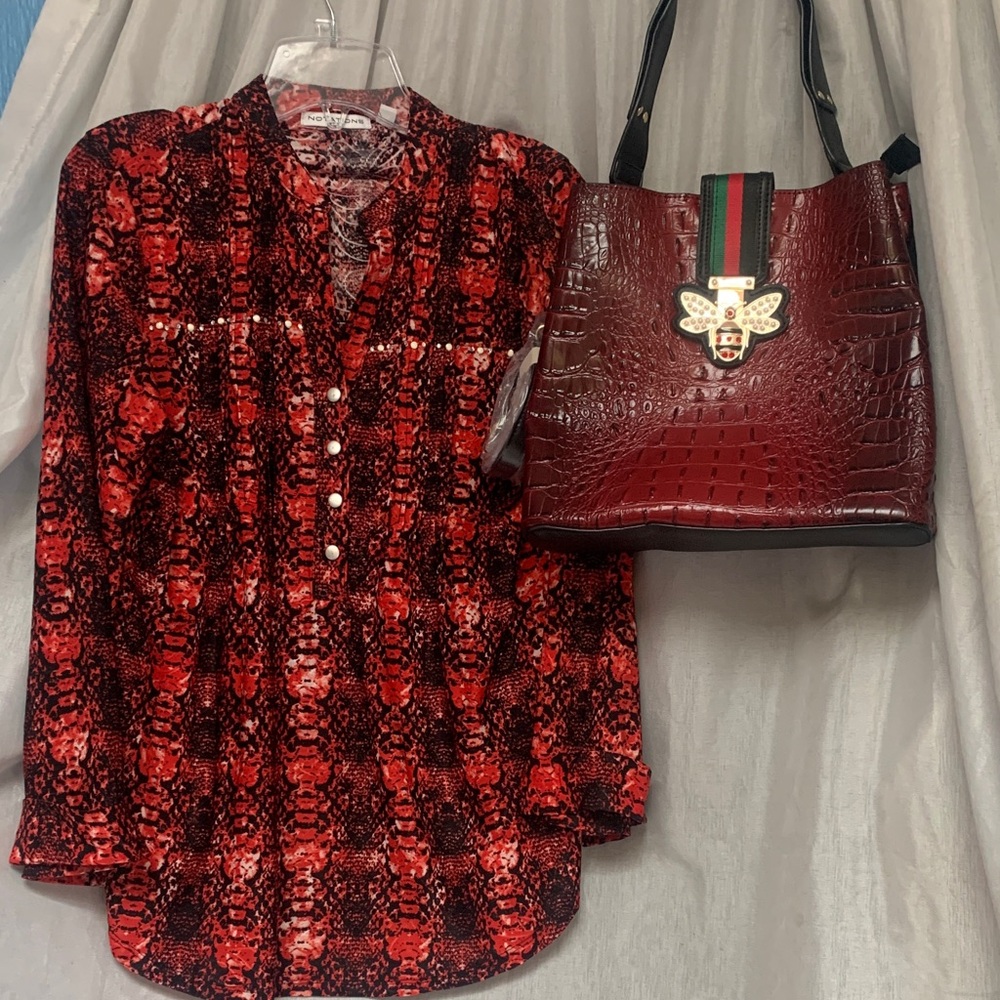 Red Croc-Embossed Mini Tote Bag with Bee Accent
